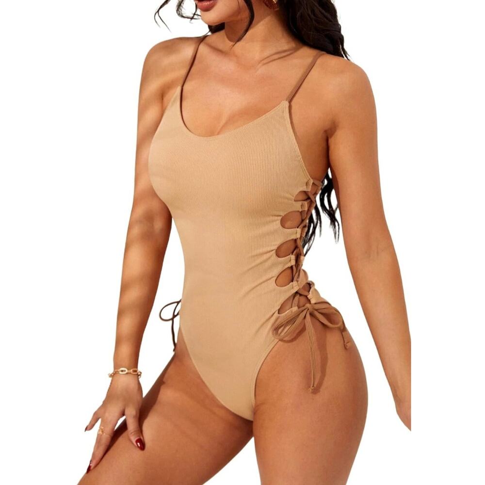 Narecte Womens One Piece Swimsuit High Cut Strappy Tie Side Cheeky Medium